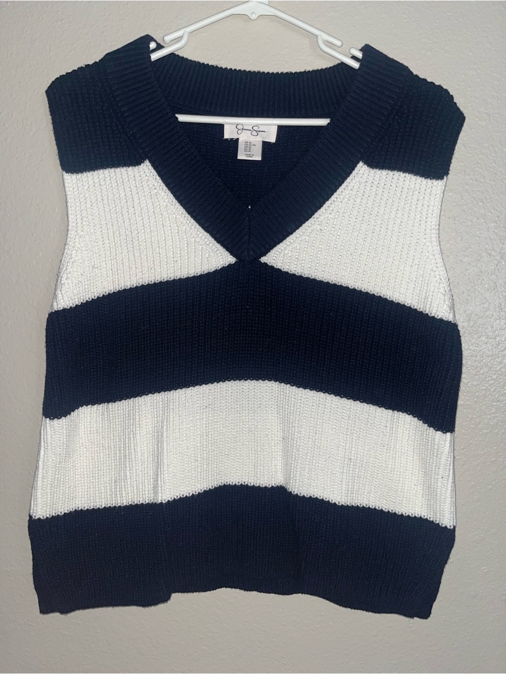 Jessica Simpson Navy & White Striped V-Neck Sweater Vest